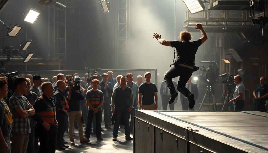 A bustling movie set, with stunt performers in action. In the foreground, a stunt person performs a high-intensity stunt, executing a daring jump or fall. Midground, a team of safety coordinators and technicians oversee the scene, ensuring the stunt is executed with precision and care. In the background, a range of equipment, lighting rigs, and camera crews capture the action. The atmosphere is one of intense focus and adrenaline, with a sense of the physical demands and risks involved in the stunt performer's work. Soft, dramatic lighting casts dynamic shadows, highlighting the athleticism and skill of the stunt performer. The overall composition conveys the challenging, yet thrilling, nature of a stunt performer's labor.