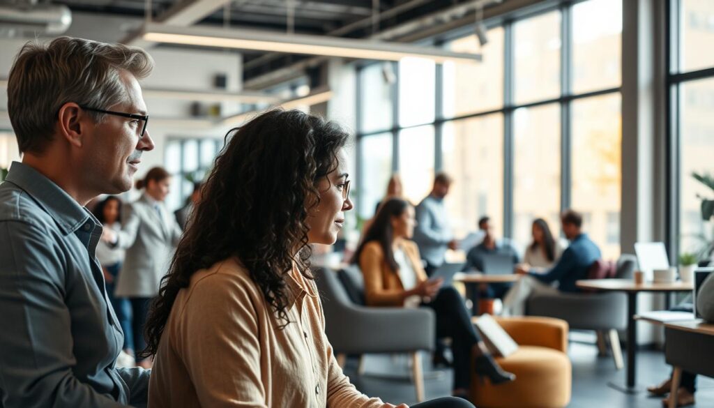 A bustling office environment, filled with professionals engaged in various psychological counseling activities. In the foreground, a therapist sits across from a patient, their expressions conveying deep empathy and understanding. The middle ground features a team of counselors collaborating, reviewing case files, and discussing strategies. In the background, a modern, minimalist decor with large windows that flood the space with warm, natural lighting, creating a calming and introspective atmosphere. The scene captures the diverse and multifaceted nature of the mental health profession, highlighting the different ways in which counselors can contribute to the well-being of their clients.