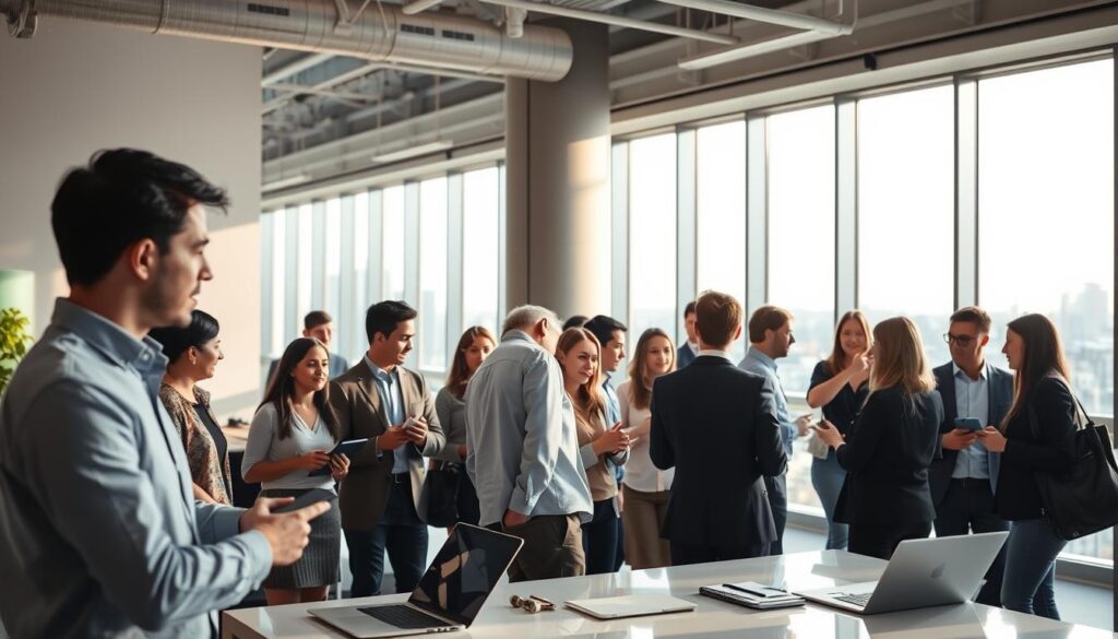 A bustling office environment, illuminated by soft, natural lighting streaming through large windows. In the foreground, a group of professionals engaged in lively discussions, exchanging ideas and contact information, building a robust network. The middle ground features a sleek, minimalist workspace with laptops, tablets, and stationery, symbolizing the tools of the modern workplace. In the background, a vibrant cityscape visible through the windows, representing the broader professional landscape. The overall atmosphere conveys a sense of collaboration, opportunity, and the strategic importance of cultivating a strong professional network for career advancement.