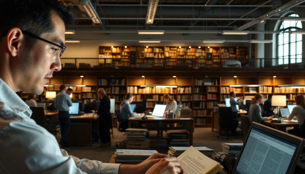 A bustling office environment with a diverse array of workspaces and professionals engaged in various archival tasks. In the foreground, a meticulous archivist carefully digitizing historical documents, their face illuminated by the soft glow of a computer screen. In the middle ground, a team of archivists collaborating on cataloging and organizing collections, surrounded by shelves of carefully preserved artifacts. In the background, a grand, sunlit reading room where researchers delve into the wealth of information housed within the archives. The scene conveys a sense of intellectual rigor, historical preservation, and a commitment to making the past accessible to the present.