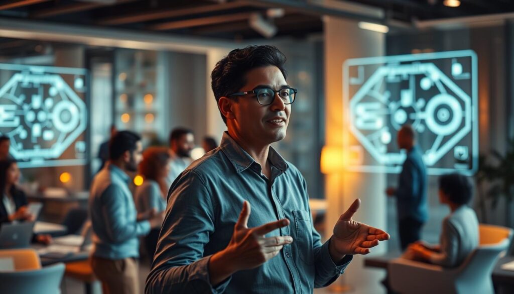 A bustling office environment, with a facilitator standing at the front of the room, leading a collaborative discussion. The facilitator's expression is confident and engaged, their gestures energetic as they guide the group towards a shared understanding. Soft, warm lighting illuminates the scene, creating an atmosphere of productivity and progress. In the background, futuristic holographic displays and sleek, minimalist furniture suggest a technologically-advanced workspace. The overall composition conveys the facilitator's pivotal role in guiding teams towards success, their skills and expertise shaping the future of collaborative work.