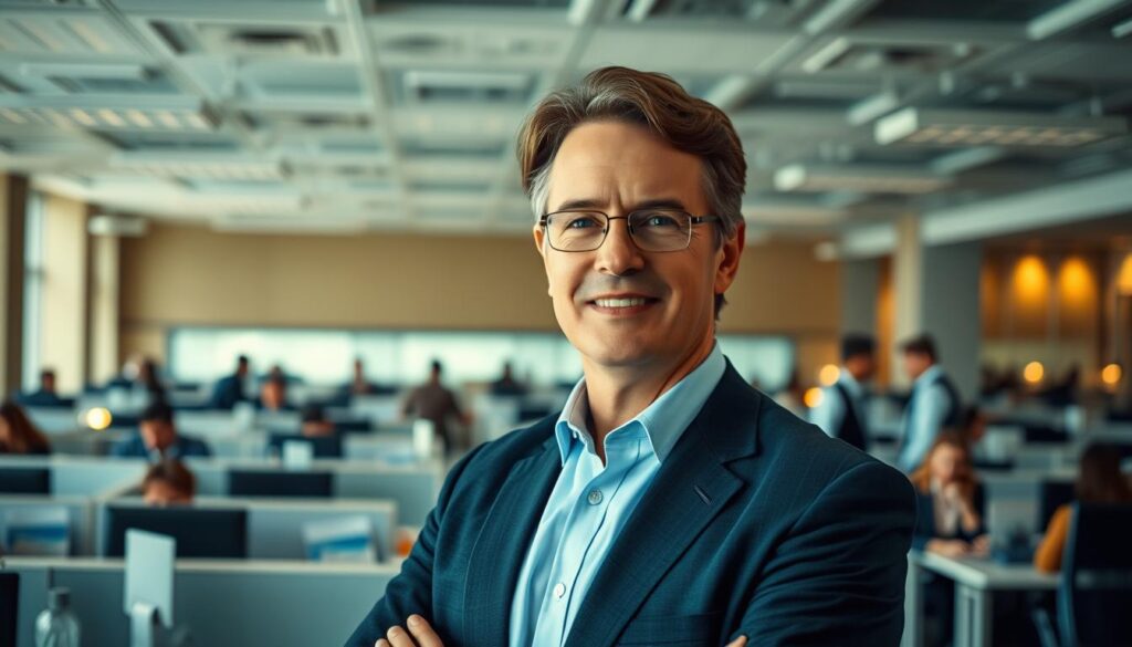 A bustling office environment, with a middle-aged professional in the foreground standing amidst a sea of desks and cubicles. The lighting is soft and warm, creating a welcoming atmosphere. The subject is dressed in business attire, exuding a confident and approachable demeanor. In the background, a team of consultants can be seen engaged in discussion, suggesting the presence of a reputable employment agency. The overall composition conveys the idea of personalized guidance and support for mature job seekers navigating the complexities of mid-career transitions.