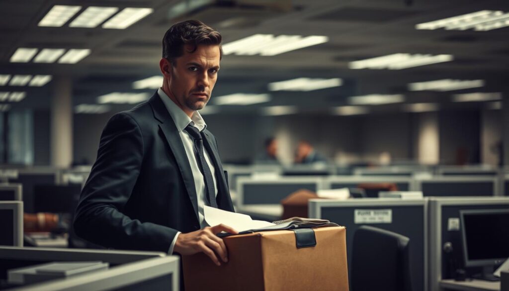A bustling office environment, with cubicles and desks in the foreground, as a businessman in a suit packs up his belongings, his gaze pensive and uncertain. The background is dimly lit, with a sense of finality and unease, conveying the apprehension of post-employment restrictions and the weight of a non-compete agreement. Soft lighting from overhead fixtures casts subtle shadows, adding depth and drama to the scene. The overall atmosphere is one of transition and uncertainty, as the subject contemplates the implications of his decision to leave his current role.