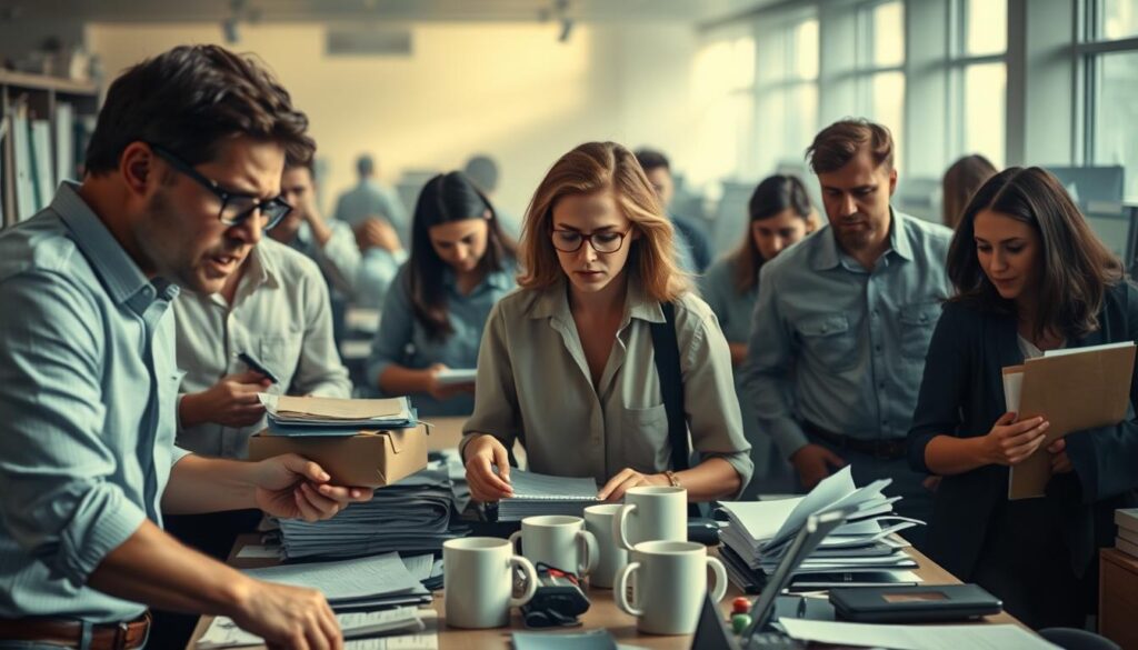 A bustling office environment with high employee turnover. In the foreground, anxious employees hurriedly packing their belongings, faces etched with frustration. The middle ground features a cluttered, chaotic workspace, desks strewn with unfinished tasks and half-empty coffee mugs. The background is hazy, with a sense of instability and uncertainty, conveying the unstable nature of the industry. The lighting is harsh, casting long shadows and creating a sense of tension. The overall mood is one of stress, burnout, and a lack of job security, reflecting the high turnover rates characteristic of this challenging sector.