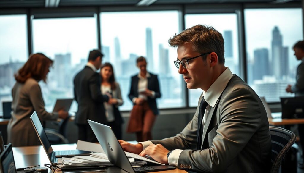 A bustling office environment, with professionals navigating the complexities of career transitions. In the foreground, a well-dressed individual contemplates their next move, documents and a laptop on the desk before them. Soft lighting casts an air of contemplation, as they weigh the risks and potential rewards of a new opportunity. The middle ground features colleagues engaged in discussion, offering guidance and support. In the background, a dynamic city skyline suggests the broader landscape of the job market. Muted tones and a sense of thoughtfulness pervade the scene, capturing the essence of the "Risks and Strategies" in the context of a mid-career professional's transition.