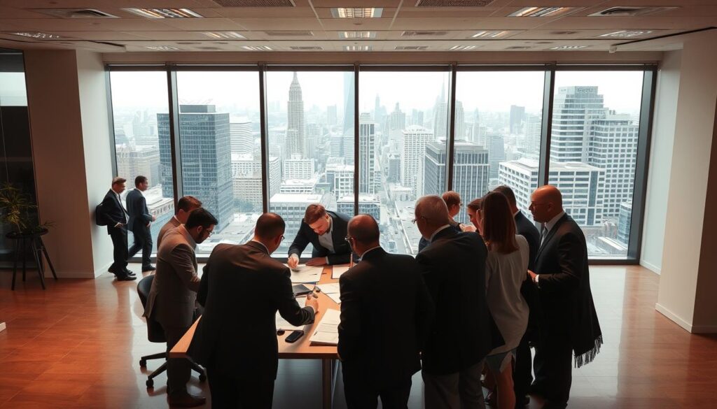 A bustling office interior, showcasing the dynamic state of the facility management industry. In the foreground, a team of professionals in suits and business attire collaborate around a large conference table, discussing plans and strategies. Overhead, the lighting is a warm, ambient glow, casting a productive atmosphere. Through the windows in the middle ground, a cityscape emerges, representing the diverse range of facilities and properties that facility managers oversee. In the background, a blend of modern and traditional architectural styles emphasizes the evolving nature of the industry, adapting to the changing needs of the built environment. The scene captures the collaborative, multifaceted nature of facility management, highlighting its crucial role in maintaining and optimizing the spaces that enable businesses to thrive.