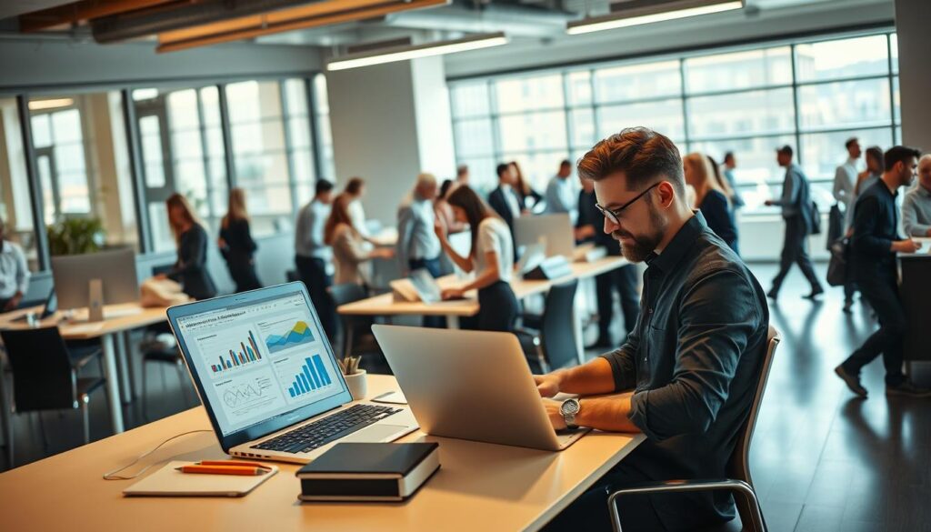 A bustling office scene, bathed in warm, natural lighting from large windows. In the foreground, a focused employee diligently works at a sleek, minimalist desk, surrounded by neatly organized office supplies and a laptop displaying complex charts and graphs. The middle ground showcases a collaborative team meeting, with co-workers engaged in animated discussions, exchanging ideas and problem-solving. In the background, the office is populated with professionals moving with a sense of purpose, reflecting the company's dynamic, results-driven culture. The overall atmosphere conveys a balance of productivity, expertise, and the confident energy of a seasoned, integrated workforce.