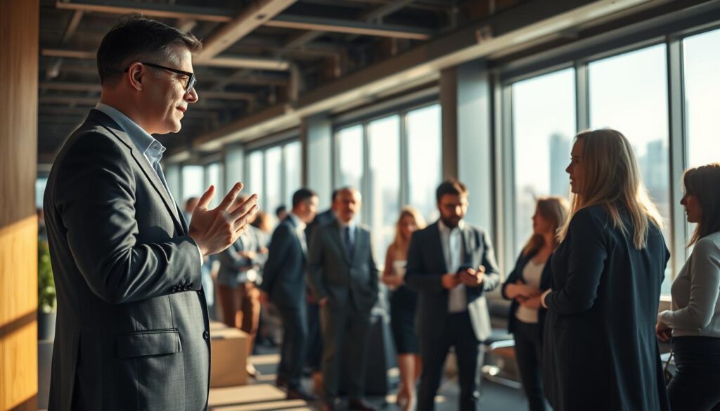 A bustling office scene, bathed in warm, natural lighting that filters through expansive windows. In the foreground, a confident, well-dressed executive - the General Manager - stands before a team, gesturing animatedly as they discuss strategy. The middle ground is filled with colleagues engaged in lively collaboration, exchanging ideas and insights. In the background, the cityscape beyond the office windows suggests a sense of opportunity and growth. An atmosphere of purpose, camaraderie, and the fulfillment that comes from leading a talented team towards collective success.