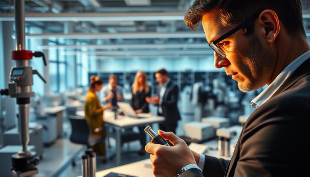 A bustling office scene depicting the career progression of a meticulous metrologist. In the foreground, a well-dressed professional examines a delicate instrument, their face cast in warm, focused light. In the middle ground, colleagues collaborate around a conference table, gesturing animatedly as they discuss technical specifications. The background reveals an expansive, modern workspace filled with rows of precise measuring devices and diagnostic equipment, all bathed in a cool, clinical ambiance. Subtle highlights and shadows convey the gravity and importance of the metrologist's work, while the dynamic composition suggests the opportunity for advancement and growth within this specialized field.