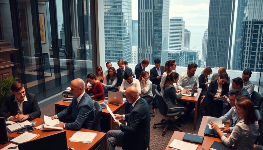 A bustling office scene depicting the distinct workstyles of government employees and private sector professionals. In the foreground, a group of government workers sit at desks, engaging in formal discussions and meticulously reviewing documents. Their attire is conservative, and their expressions are focused. In the middle ground, private sector employees move with a sense of urgency, collaborating on projects, pitching ideas, and leveraging the latest technology. Their outfits are more casual, and their body language conveys a dynamic, results-driven atmosphere. The background showcases the architectural contrast, with the government office's stately, traditional facade juxtaposed against the sleek, modern skyscrapers of the private sector. Soft, directional lighting casts a professional, yet distinct tone on each work environment.