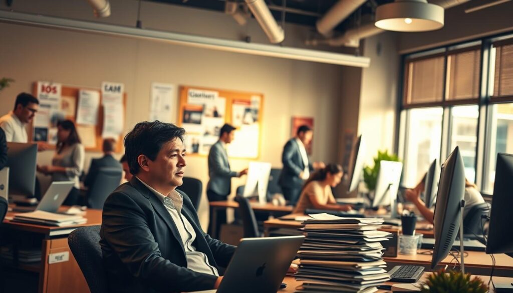 A bustling office scene, illuminated by warm, natural lighting that filters through large windows. In the foreground, a professional-looking individual sits at a desk, deep in thought, surrounded by stacks of documents and a laptop. The middle ground features other workers engaged in various activities - some typing at computers, others engaged in animated discussions. In the background, a bulletin board displays various job postings and career resources, hinting at the theme of job-seeking and career transition. The overall atmosphere conveys a sense of focus, determination, and the hustle of the workplace, setting the stage for the "Changing Jobs" journey depicted in the article.
