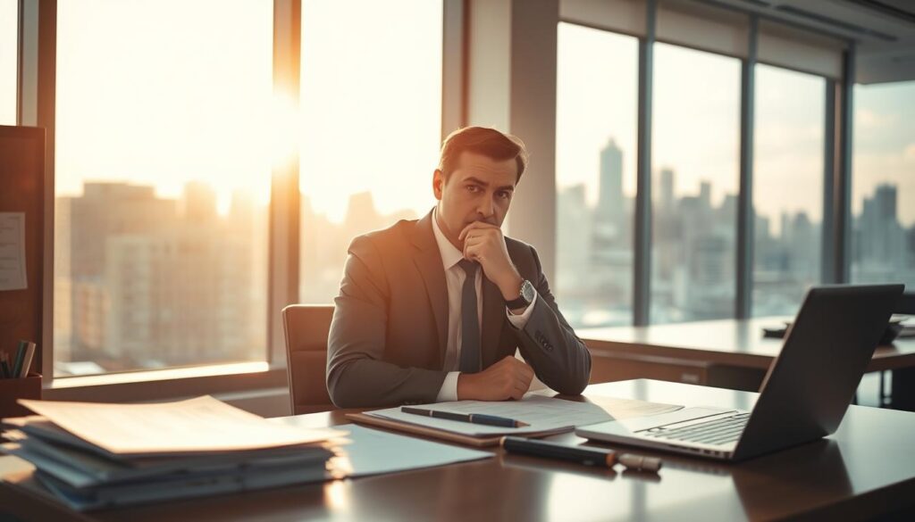 A bustling office scene, illuminated by warm, natural lighting that filters through large windows. On the desk, a stack of documents, a laptop, and a thoughtful executive contemplating strategies for career advancement. In the background, a city skyline offers a glimpse of the opportunities beyond. The mood is one of focus and determination, as the figure ponders practical steps to increase their earning potential. Crisp, high-resolution details capture the nuances of the scene, inviting the viewer to imagine themselves in this position, considering the pathways to professional growth and financial stability.