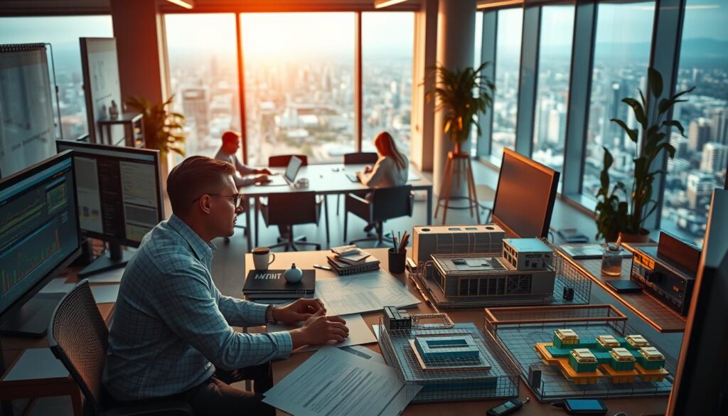 A bustling office scene showcasing the daily work life of a water infrastructure consultant. In the foreground, a professional sits at a desk, surrounded by technical documents, computer screens, and a 3D model of a water treatment plant. Warm lighting casts a focused glow, emphasizing the concentration and attention to detail required. In the middle ground, colleagues collaborate at a conference table, discussing plans and analyzing data. The background reveals a panoramic view of a modern city, hinting at the broader impact and scale of the consultant's responsibilities. An atmosphere of productivity, problem-solving, and a commitment to sustainable water management permeates the scene.