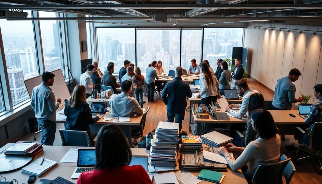 A bustling office scene, showcasing the diverse game writing industry. In the foreground, game writers of various backgrounds collaborate at standing desks, surrounded by whiteboards, laptops, and stacks of notes. In the middle ground, a meeting room with writers pitching ideas to a panel of industry veterans, illuminated by warm lighting. The background reveals a panoramic view of the cityscape, hinting at the scale and competition within the game writing profession. The atmosphere conveys the dynamic, creative, and high-stakes nature of the job, capturing the essence of the "ゲームライター 年収 仕事内容の業界別比較" section.