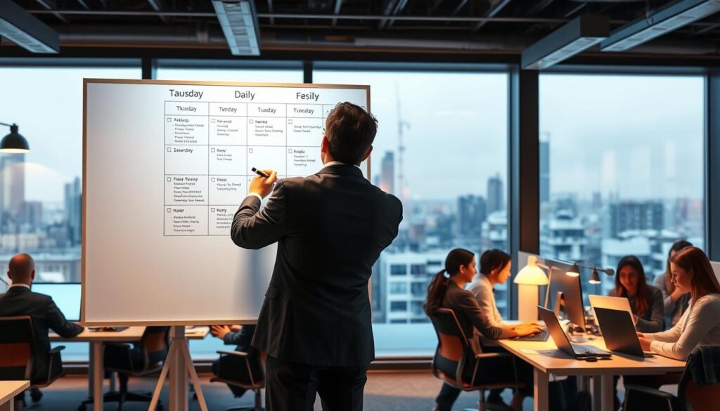 A bustling office scene with a business executive's typical daily schedule displayed on a large digital whiteboard. The foreground features a person in a suit standing in front of the whiteboard, meticulously planning their day with a marker. The middle ground showcases various office workers collaborating at their desks, using laptops and smartphones. The background depicts a modern, well-lit office environment with large windows providing a view of a cityscape. The overall mood is one of efficiency, organization, and professional productivity, reflecting the demands and responsibilities of a customer engineer's role.