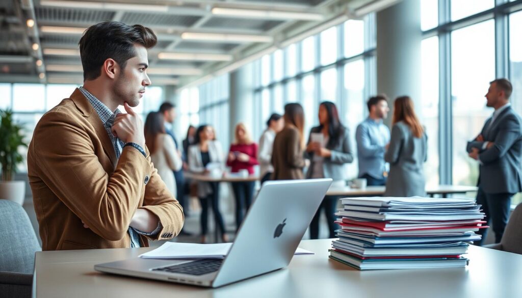 A bustling office scene, with a desk in the foreground featuring a laptop, a stack of folders, and a thoughtful individual pondering their next career move. The middle ground showcases a diverse group of professionals engaged in lively discussions, exchanging ideas and networking. In the background, a sleek, modern office space with floor-to-ceiling windows, allowing natural light to filter in and create a warm, productive atmosphere. The overall scene conveys a sense of determination, focus, and the exciting possibilities that come with a strategic, well-executed job search process.