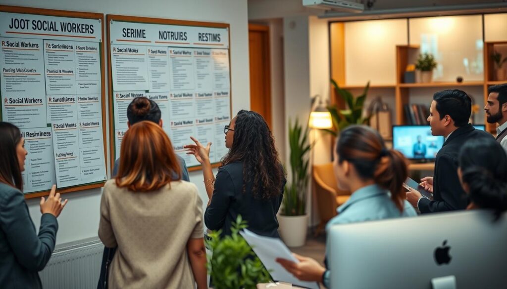 A bustling office scene, with a large bulletin board featuring numerous job postings for social workers. The foreground showcases a diverse group of professionals engaged in animated discussions, gesturing towards the board and reviewing their resumes. The middle ground highlights a computer screen displaying job search results, conveying the digital nature of modern job hunting. In the background, a cozy lounge area provides a space for contemplation and networking, with potted plants and warm lighting creating a welcoming atmosphere. The overall scene conveys a sense of dynamic activity, opportunity, and the vibrant demand for skilled social workers.