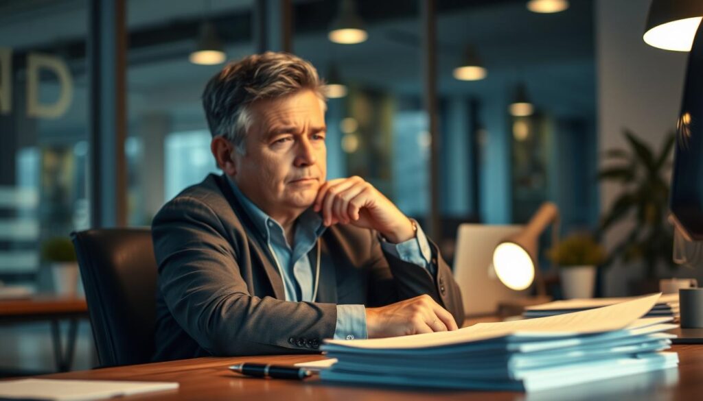 A bustling office scene, with a middle-aged man seated at a desk, deep in contemplation. The lighting is warm and inviting, creating a cozy atmosphere. In the foreground, a stack of documents and a pen lie on the desk, hinting at the professional tasks at hand. The background is slightly blurred, but suggests a modern, well-appointed workspace, with a hint of cityscape visible through the window. The man's expression is one of thoughtfulness, as he considers the challenges and opportunities of a new career path.