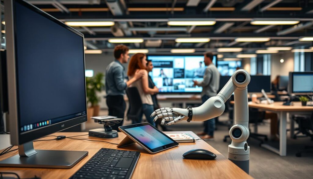 A bustling office scene with a mix of modern technology and assistive devices. In the foreground, a desk with a sleek computer monitor, keyboard, and mouse - the tools of the digital trade. On the desk, a compact document scanner and a tablet with accessibility features. Nearby, a 3D-printed robotic arm, its articulated joints gently moving to assist a person with dexterity challenges. In the middle ground, colleagues collaborate around a large touchscreen display, their faces animated as they discuss the latest innovations in IT and accessibility. The background is filled with a mix of ergonomic workstations, ambient lighting, and a sense of focused productivity. The overall atmosphere conveys the dynamic intersection of technology and inclusive support, creating an environment where diverse abilities can thrive.