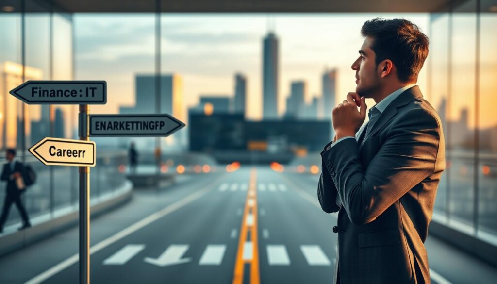 A bustling office scene with a person standing at a crossroad, pondering their career path. The foreground features the individual, dressed in professional attire, hands on their chin, deep in thought. The middle ground showcases various career options represented by road signs pointing in different directions, such as "Finance," "IT," "Marketing," and "Entrepreneurship." The background is softly blurred, with a modern city skyline visible, suggesting the broader context of a thriving urban environment. The lighting is warm and inviting, casting a contemplative mood, as the person considers the challenges and opportunities of transitioning to a new industry. The angle is slightly elevated, providing a birds-eye view that emphasizes the decision-making process.