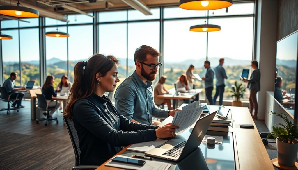A bustling office scene with a professional tourism consultant working diligently at their desk. The foreground features the consultant reviewing documents, typing on a laptop, and making notes on a tablet. The middle ground showcases an open-concept workspace with colleagues collaborating on projects, having discussions, and presenting ideas on a large display. The background depicts a scenic vista through the office windows, with rolling hills, lush greenery, and a clear blue sky, creating a serene and inspirational atmosphere. Warm, diffused lighting emanates from overhead fixtures, casting a productive and focused ambiance throughout the room. The entire scene conveys the dynamic and multifaceted nature of a tourism consultant's daily work routine.