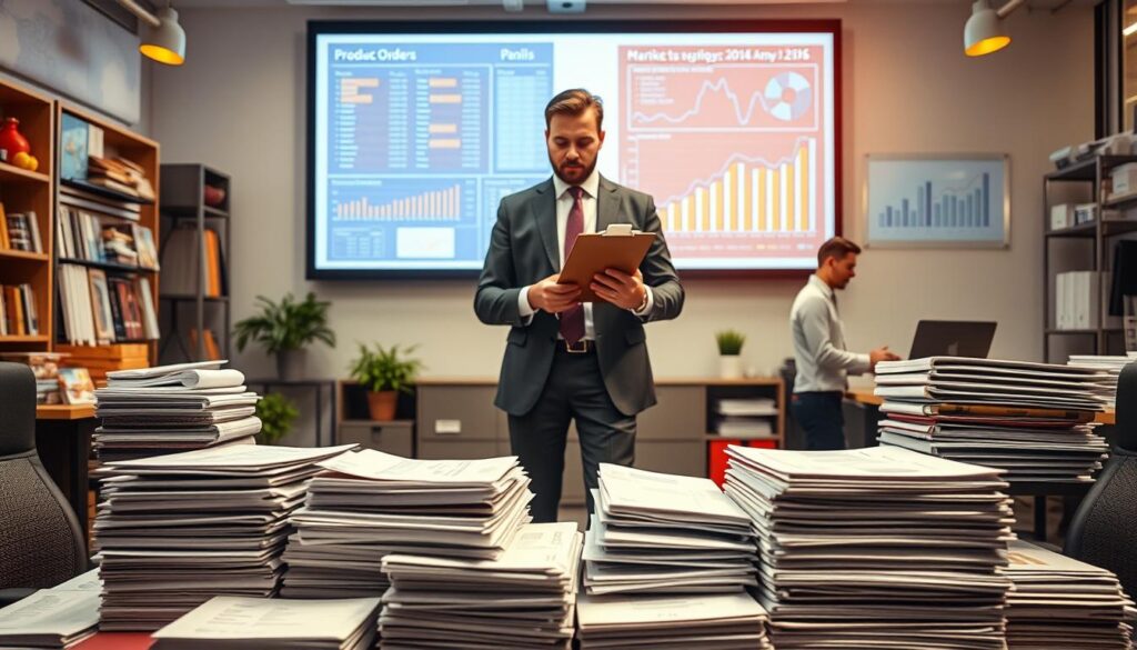 A bustling office scene with a well-dressed professional buyer at the center, surrounded by various visual elements representing the key skills required for the role. The buyer stands confidently, clipboard in hand, as they analyze product samples, financial data, and market trends projected on a large screen behind them. The lighting is warm and focused, accentuating the buyer's attention to detail and analytical mindset. In the foreground, stacks of purchase orders, catalogs, and negotiation documents convey the complex decision-making and communication abilities essential for the position. The overall atmosphere suggests a dynamic, fast-paced environment where the buyer's strategic thinking, negotiation prowess, and industry knowledge are paramount.