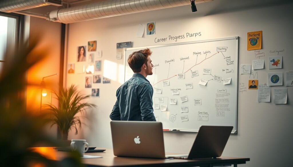 A bustling office scene, with a young professional standing at a whiteboard, mapping out a career progression path. Behind them, a wall of inspirational images, post-it notes, and sketches, reflecting their journey from inexperience to expertise. Soft, warm lighting from the windows casts a contemplative glow, as they ponder their next steps. In the foreground, a laptop and coffee cup, representing the hard work and dedication required. The overall atmosphere is one of determination, focus, and a sense of boundless potential.