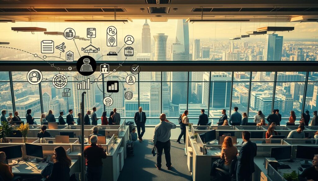 A bustling office setting, filled with a diverse array of professionals engaged in thoughtful contemplation. In the foreground, a person stands at a crossroads, gazing at multiple career paths represented by detailed icons and symbols. The middle ground features a harmonious blend of cubicles, desks, and colleagues, conveying the dynamic nature of the workplace. In the background, a panoramic view of a modern cityscape, with towering skyscrapers and a vibrant, sun-dappled atmosphere, suggesting the broader opportunities and challenges that lie ahead. The scene is illuminated by warm, natural lighting, creating a pensive, introspective mood that invites the viewer to consider the complexities of professional choice and personal fulfillment.