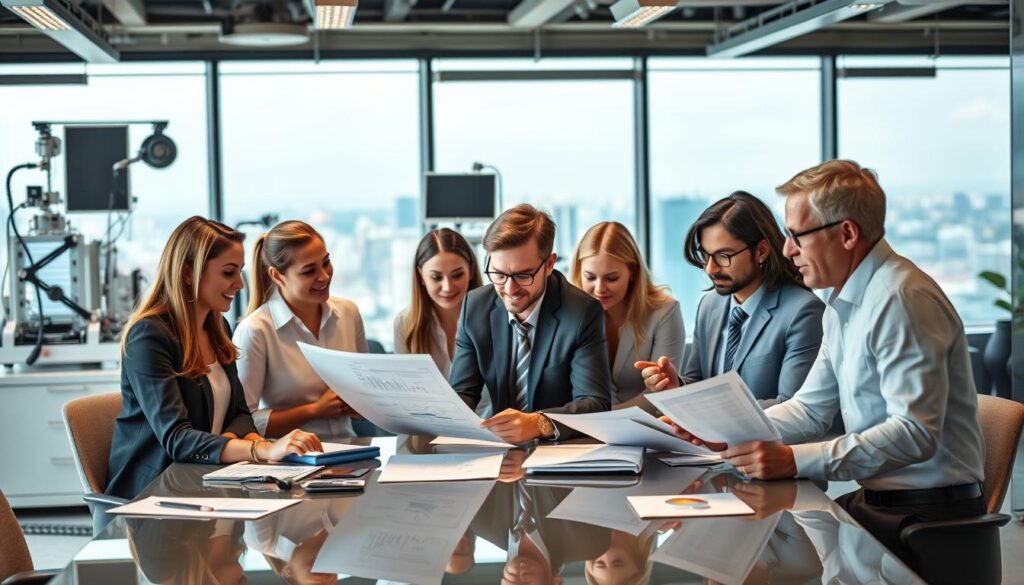 A bustling office setting showcasing diverse consultants from various industries collaborating on complex business challenges. In the foreground, a team of professionals in formal attire engaged in a lively discussion around a glossy conference table, their expressions animated as they pore over data-filled reports. Behind them, the middle ground reveals specialized equipment and tools, reflecting the specialized expertise of the consultants. The background features a panoramic cityscape visible through large windows, suggesting the global reach and impact of their work. Soft, directional lighting casts a professional, yet warm glow across the scene, creating an atmosphere of productive dynamism.