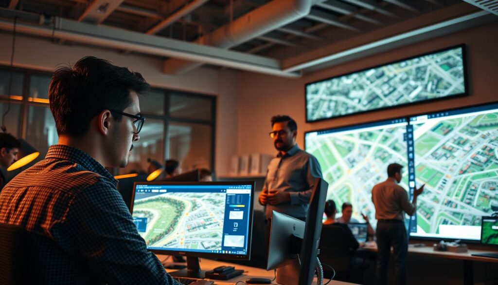 A bustling office setting, showcasing the career progression of a GIS (Geographic Information Systems) professional. In the foreground, a young GIS analyst meticulously examines spatial data on a high-resolution monitor, surrounded by the latest mapping software and hardware. The middle ground depicts a seasoned GIS consultant presenting insights to a client, gesturing towards a detailed 3D terrain model projected on the wall. In the background, a senior GIS manager oversees a team of specialists, collaborating on a large-scale urban planning project, visible on a sprawling interactive dashboard. Warm, directional lighting illuminates the scene, creating a sense of professionalism and expertise. The overall atmosphere conveys the depth and versatility of a GIS professional's career path, from entry-level analysis to leadership roles in diverse industries.
