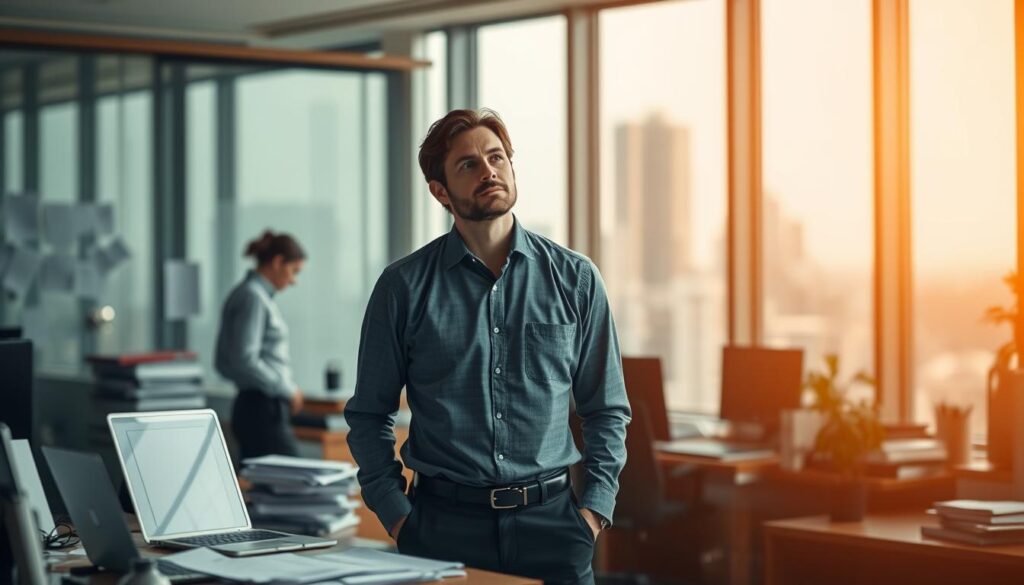 A bustling office setting, with a central figure standing in contemplation, weighing the pros and cons of leaving their secure government job. The foreground features a desk, a laptop, and scattered papers, hinting at the bureaucratic routine they seek to escape. In the middle ground, a window offers a glimpse of the vibrant city outside, symbolizing the potential for new opportunities. The background is softly blurred, evoking a sense of uncertainty and the unknown. Warm, directional lighting casts a pensive glow, as the subject's expression reflects the gravity of the decision. The overall composition conveys the complex emotions and considerations at play in this pivotal career transition.
