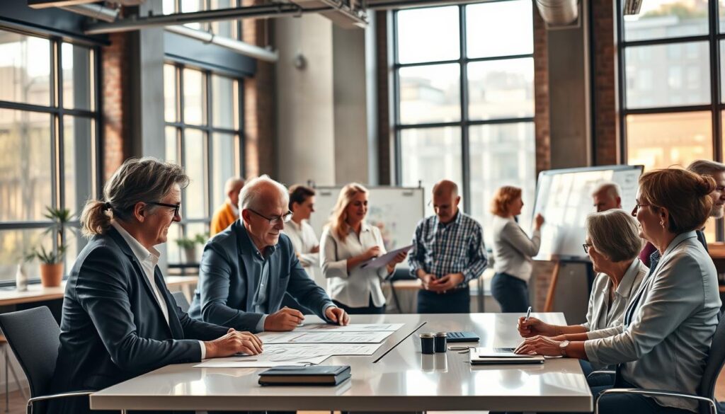 A bustling office setting with a diverse group of professionals, all aged 50 or above, engaged in various dynamic activities. The scene is illuminated by warm, natural lighting that filters in through large windows, casting a soft glow over the space. In the foreground, a team of seasoned executives collaborate around a sleek conference table, their expressions animated as they discuss strategies. In the middle ground, a group of experienced engineers pore over technical schematics, their decades of expertise evident in their focused movements. In the background, a pair of seasoned marketers brainstorm on a digital whiteboard, their creativity and problem-solving skills on full display. The overall atmosphere conveys a sense of empowerment, productivity, and a thriving 50-plus workforce contributing to a vibrant, forward-thinking industry.