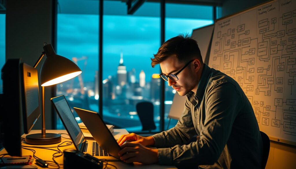A bustling office setting with a focused system engineer hunched over a laptop, meticulously analyzing lines of code. The warm glow of a desk lamp illuminates their face, casting a pensive expression as they tackle a complex problem. Beside them, a whiteboard covered in intricate diagrams and flowcharts, a testament to their analytical prowess. In the background, a panoramic view of a city skyline, symbolizing the scope and impact of their work. The atmosphere is one of intense concentration, with a sense of satisfaction and purpose as the engineer works to optimize and streamline the systems that power the modern world.