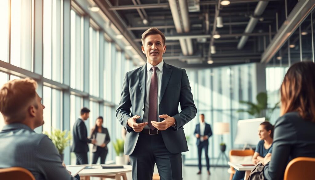 A bustling office setting, with a mid-career professional standing confidently at the center, dressed in a sharp suit and tie. The background features the sleek, modern architecture of a startup headquarters, with large windows and minimalist decor. Warm, diffused lighting casts a dynamic glow, highlighting the subject's determined expression as they make a presentation to a group of intrigued colleagues. The scene conveys a sense of transition, ambition, and the excitement of a new professional journey, moving from the structured world of consulting to the fast-paced, innovative environment of a leading tech-driven HR company.