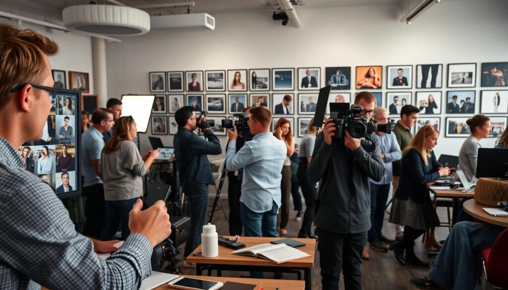 A bustling office setting, with diverse professionals engaged in various photography-related tasks. In the foreground, a photo director meticulously reviewing images on a large monitor, their keen eye and artistic vision guiding the project. In the middle ground, a team of photographers, stylists, and assistants collaborating to capture the perfect shot, adjusting lighting and camera angles with precision. In the background, a wall of framed photographs showcases the diverse portfolios of the agency, reflecting the versatility and expertise of the team. The atmosphere is one of focused productivity, with a sense of creative energy and synergy among the employees.