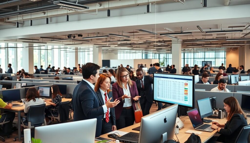 A bustling office setting, with professionals in business attire engaged in various activities. The foreground depicts a group of people in deep discussion, gesturing animatedly as they review a spreadsheet on a large monitor. The middle ground shows a mix of cubicles and open workspaces, with employees typing on laptops, making phone calls, and collaborating at shared tables. The background features a sleek, modern interior design, with floor-to-ceiling windows allowing natural light to flood the space. The overall atmosphere conveys a sense of productivity, innovation, and the dynamic nature of the hiring landscape for technocrats.