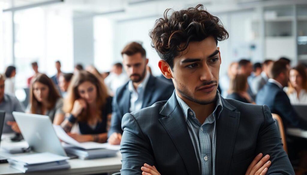 A bustling office setting, with professionals of various ranks grappling with the challenges of career transitions. In the foreground, a middle manager contemplates their next move, surrounded by a swirl of documents and laptop screens. In the middle ground, a senior executive ponders new opportunities, their brow furrowed in deep thought. The background reveals a diverse array of employees, each navigating their own path, from eager entry-level newcomers to seasoned veterans seeking a change. Soft, diffused lighting sets a reflective mood, as the scene captures the complexities and anxieties of role-specific career decisions. A sense of thoughtful introspection permeates the image, hinting at the need for tailored strategies to address the unique concerns of professionals at different stages.