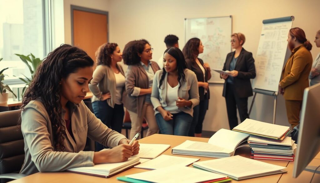 A bustling office setting with various types of social workers engaged in their daily tasks. In the foreground, a caseworker sits at their desk, meticulously reviewing client files and making notes. In the middle ground, a family counselor leads a discussion with a group of individuals, their faces expressing a range of emotions. In the background, a community organizer stands before a whiteboard, mapping out a plan for a local outreach program. Warm, neutral lighting casts a professional atmosphere, while the angles capture the collaborative and dynamic nature of the social work field.