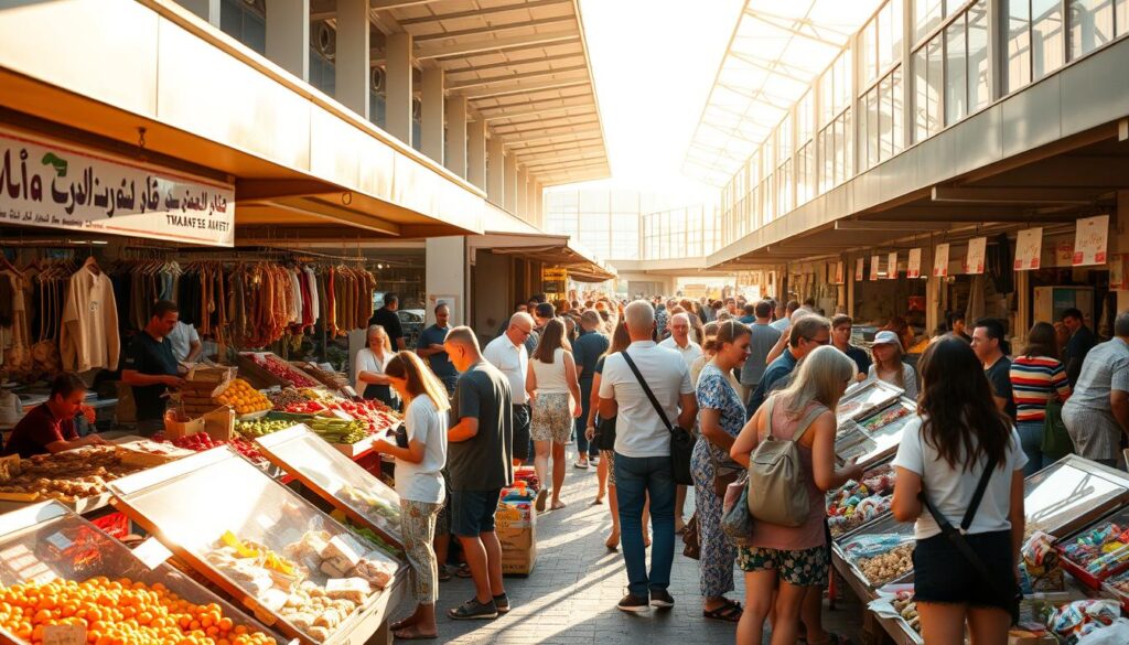A bustling open-air market scene, bathed in warm afternoon sunlight. In the foreground, stalls display an array of fresh produce, meats, and artisanal goods, their contents clearly visible through transparent displays. Shoppers navigate the aisles, examining the wares with keen interest. The middle ground reveals a dynamic interplay of vendors and customers, negotiating prices and sharing lively conversation. In the background, the market's perimeter is lined with modern architectural elements, conveying a sense of progress and transparency. The overall atmosphere is one of vibrant commercial activity, where trust and openness between all parties is palpable.