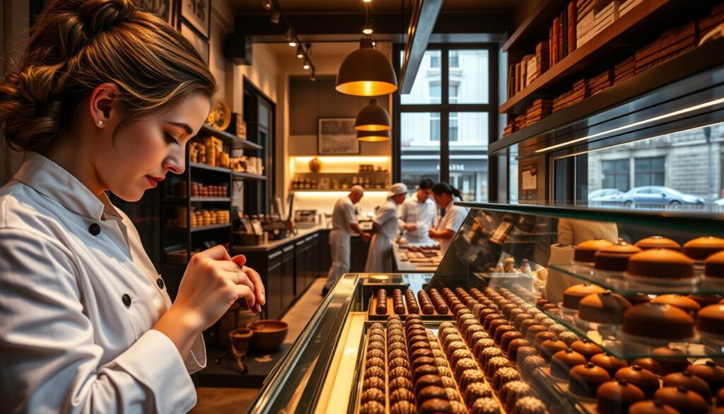 A bustling patisserie tucked away in a cozy Parisian alley, its glass display showcasing an array of delectable chocolate creations. In the foreground, a skilled chocolatier meticulously crafts a new confection, her hands deftly molding the rich, glossy chocolate. The middle ground reveals a modern kitchen, where a team of pastry chefs collaborate, their movements choreographed as they prepare the next batch of artisanal treats. In the background, a large window offers a glimpse of the vibrant city beyond, hinting at the growing demand and potential for this refined profession. Warm lighting casts a golden glow, evoking a sense of tradition and artistry that has defined the craft of the chocolatier for generations.