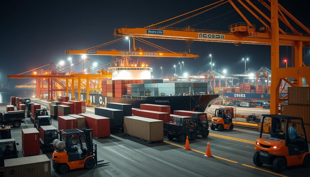 A bustling port scene, illuminated by the warm glow of floodlights. In the foreground, a team of dock workers expertly operating cutting-edge cargo-handling equipment, seamlessly loading and unloading containers from a massive container ship in the background. The scene is a symphony of efficiency, with cranes gracefully maneuvering massive steel boxes, forklifts deftly navigating narrow aisles, and conveyor belts rhythmically transporting goods. The air is charged with the hum of machinery and the energy of a highly coordinated, technologically-advanced port operation. The overall atmosphere conveys a sense of innovation, progress, and the relentless drive to optimize port logistics and improve productivity.