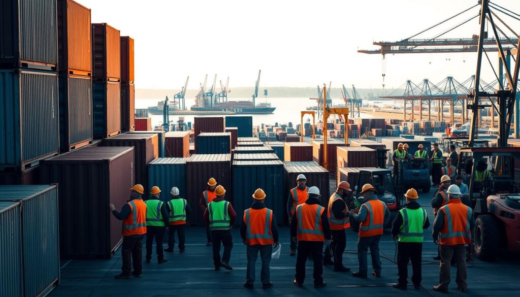 A bustling port scene showcasing the diverse earnings of harbor stevedores. In the foreground, a group of hard-working stevedores in their reflective vests and hard hats, loading and unloading cargo from towering containers. The middle ground reveals a tiered pay scale, with higher-skilled workers operating heavy machinery like cranes and forklifts. In the background, a panoramic view of the harbor, ships docked, and gantry cranes dotting the skyline. The scene is illuminated by warm, golden lighting, capturing the industrious atmosphere of this vital maritime economy. A subtle color palette of blues, grays, and earth tones conveys the rugged, practical nature of the port's operations. The overall composition emphasizes the diverse skillsets and compensation levels within the harbor stevedore profession.