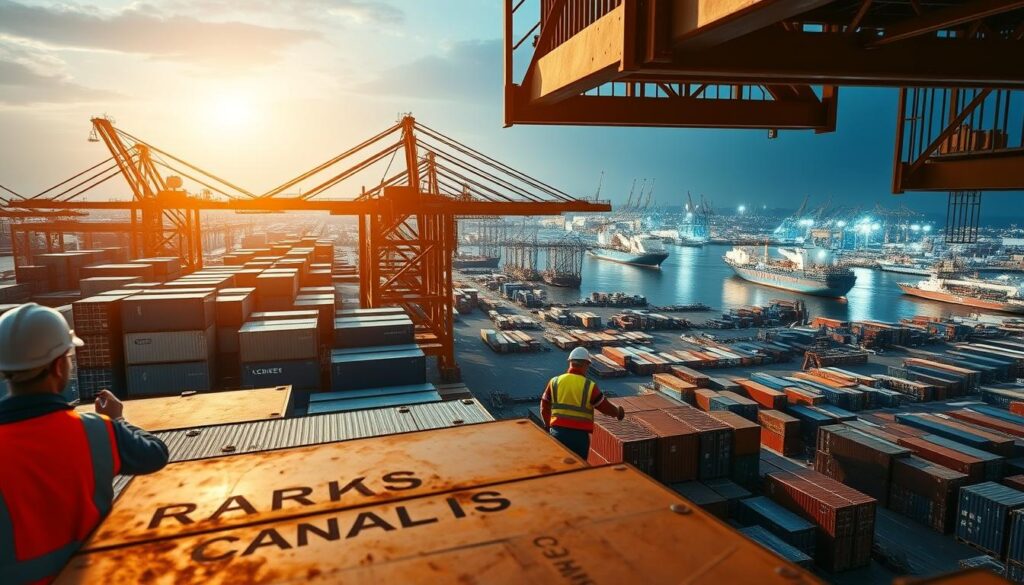 A bustling port scene with a focus on a group of hardworking port workers in the foreground. Dressed in safety gear, they operate heavy machinery, loading and unloading cargo containers with precision and efficiency. The middle ground features a panoramic view of the harbor, with towering cranes, bustling ships, and a bustling backdrop of industrial warehouses and office buildings. The lighting is a mix of warm, natural sunlight and the cool, industrial glow of floodlights, creating a sense of dynamism and productivity. The camera angle is slightly elevated, providing a bird's-eye perspective that showcases the scale and complexity of the port operations. The overall mood is one of hard work, progress, and the potential for career advancement in this vital industry.