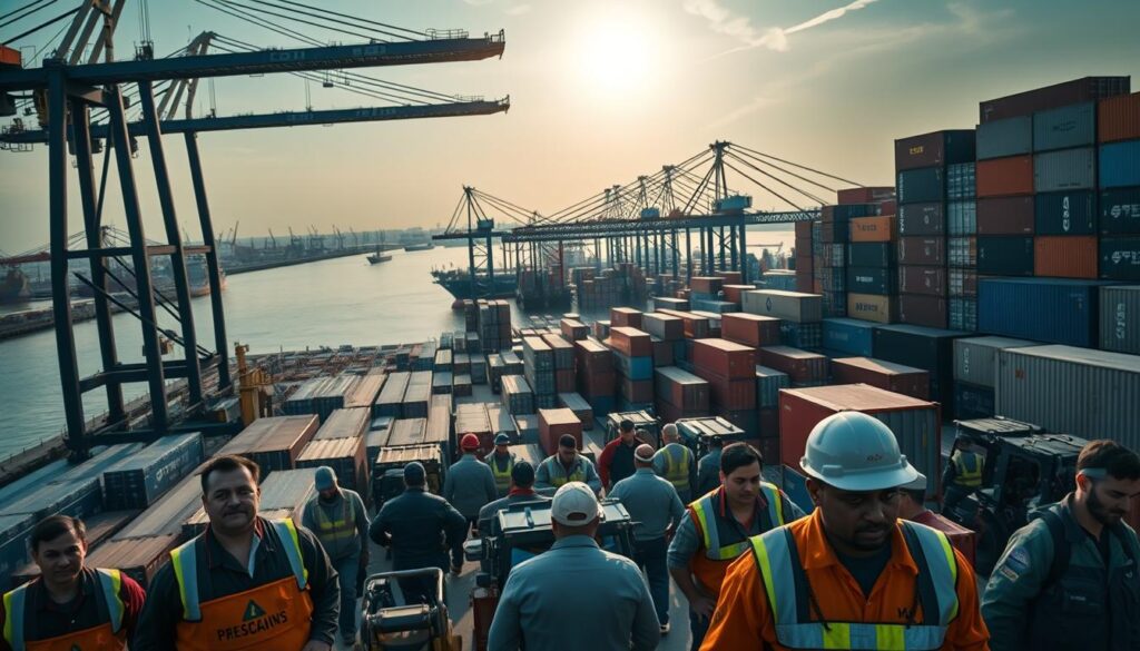 A bustling port with towering cranes and stacks of cargo containers. The foreground features a group of hardworking port workers engaged in loading and unloading operations, their faces etched with determination. The middle ground showcases the intricate network of conveyor belts, forklifts, and other specialized equipment that facilitates the efficient movement of goods. In the background, a panoramic view of the harbor reveals ships docked alongside the quay, with the sun casting a warm glow over the scene. The overall atmosphere conveys the intensity and dynamism of the port's labor-intensive operations, where workers collaborate to ensure the smooth flow of international trade.