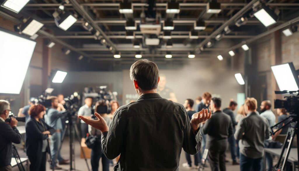 A bustling production studio, where an assistant director stands amidst the organized chaos, coordinating the flow of activity. Bright, professional lighting illuminates the scene, capturing the intense focus and determination of the AD as they oversee the set, liaise with the director, and ensure the smooth execution of the shoot. The foreground is dominated by the AD, their hands gesturing as they communicate with the crew, while the middle ground reveals a diverse array of technicians, actors, and equipment, all working in harmony to bring the vision to life. In the background, a hazy, out-of-focus view of the wider studio, with its towering ceilings and state-of-the-art facilities, creating a sense of scale and professionalism. The overall atmosphere is one of high-stakes, high-pressure, and high-intensity, reflecting the critical role the assistant director plays in the filmmaking process.