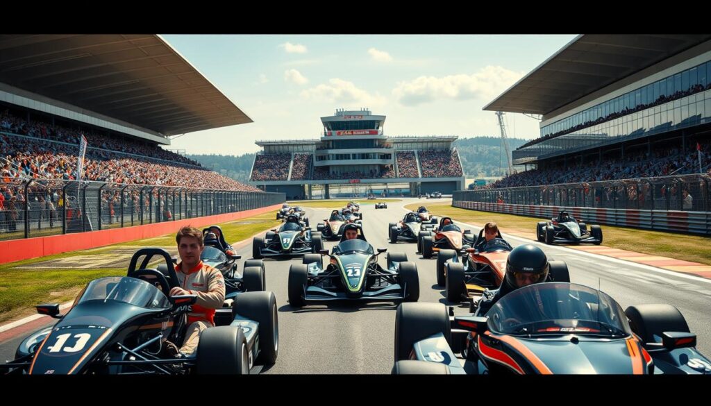 A bustling racing school set against the backdrop of a sleek, modern racing circuit. In the foreground, a group of aspiring drivers in high-performance race cars navigating a series of challenging turns and straightaways, their expressions intense with focus. The middle ground features a grandstand filled with spectators, the crowd's energy palpable. In the background, the towering grandstands and pit crew garages create a sense of scale and professionalism. Bright, vibrant lighting casts dramatic shadows, enhancing the dynamic composition. The overall scene conveys the thrill, discipline, and dedication required to forge a successful career as a professional racing driver.