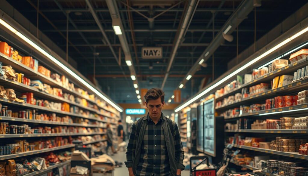 A bustling retail store interior, dimly lit with warm overhead lighting casting long shadows. Shelves lining the walls, stocked with a variety of products, but gaps and disorganization hint at supply chain issues. In the foreground, a lone customer looks frustrated, surrounded by a scattering of misplaced items. The atmosphere is tense, the air heavy with the weight of business challenges. A wide-angle lens captures the scene, conveying the scale and complexity of the retail industry's struggles.