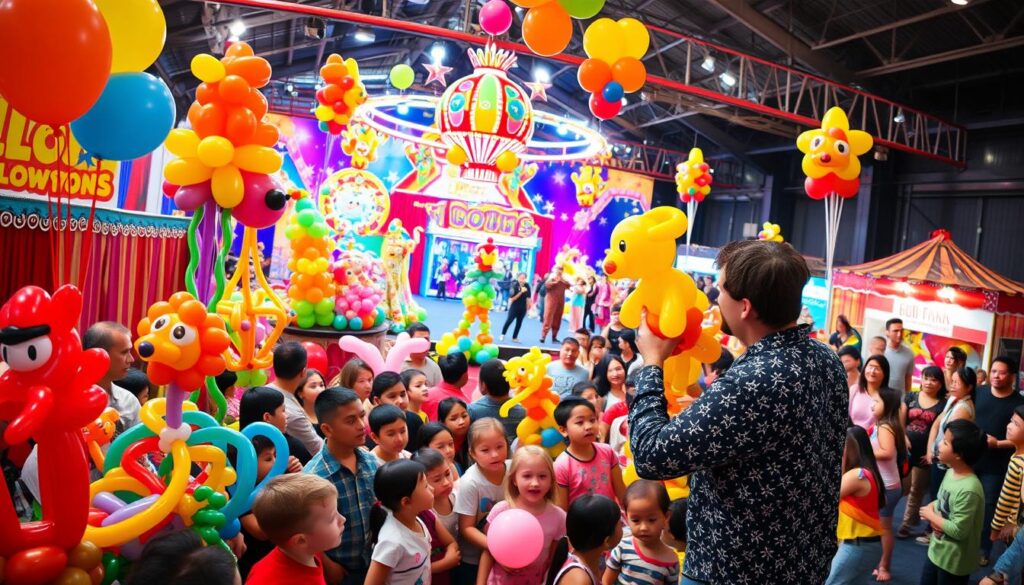 A bustling scene of balloon artistry in action, captured with a wide-angle lens. In the foreground, a skilled performer skillfully twists and shapes vibrant balloons into whimsical animal figures, entertaining a captivated crowd of children and families. The middle ground showcases a variety of balloon-based creations, from towering sculptures to elaborate balloon bouquets, showcasing the versatility of this art form. In the background, a vibrant carnival-like atmosphere with colorful backdrops, festive lighting, and other performers creating a lively, energetic ambiance. The lighting is soft and natural, lending a warm, inviting tone to the overall scene.
