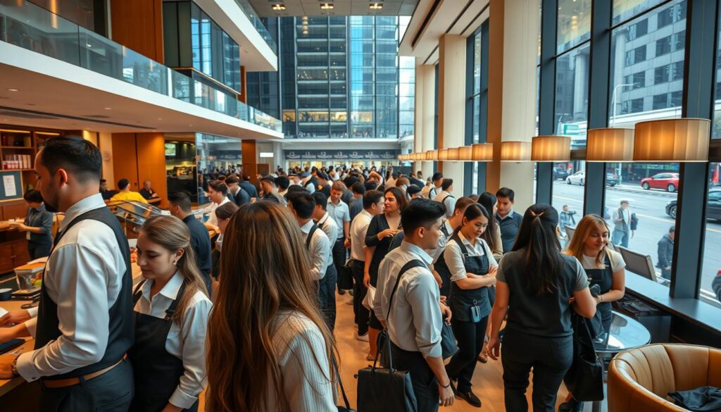 A bustling service industry scene, captured with a wide-angle lens and natural lighting. In the foreground, a diverse group of service workers - waiters, cashiers, receptionists - engaging with customers, conveying a sense of energy and constant motion. The middle ground features the interior of a busy service-oriented establishment, such as a hotel lobby or restaurant, with plush furnishings, clean lines, and efficient workflows. The background suggests an urban setting, with towering glass-and-steel skyscrapers and a vibrant street life visible through the windows, hinting at the fast-paced, ever-changing nature of the service sector. The overall mood is one of efficiency, adaptability, and the human touch that defines quality service experiences.