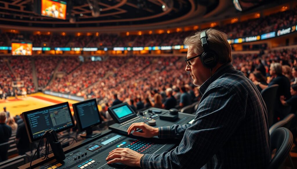 A bustling sports arena, with a technical director at the helm, overseeing the intricate choreography of cameras, lighting, and audio equipment. The director's gaze is focused, their hands expertly navigating a complex control panel, a sea of monitors displaying live feeds from various angles. The atmosphere is charged with energy, as the director coordinates the technical aspects of the event, ensuring a seamless and captivating experience for the audience. The lighting is warm and dynamic, casting a cinematic glow over the scene, while the lens captures the director's intense concentration, the weight of their responsibilities evident in their expression. In the background, a flurry of activity as the production crew carries out their respective tasks, all working in harmony to bring the event to life.